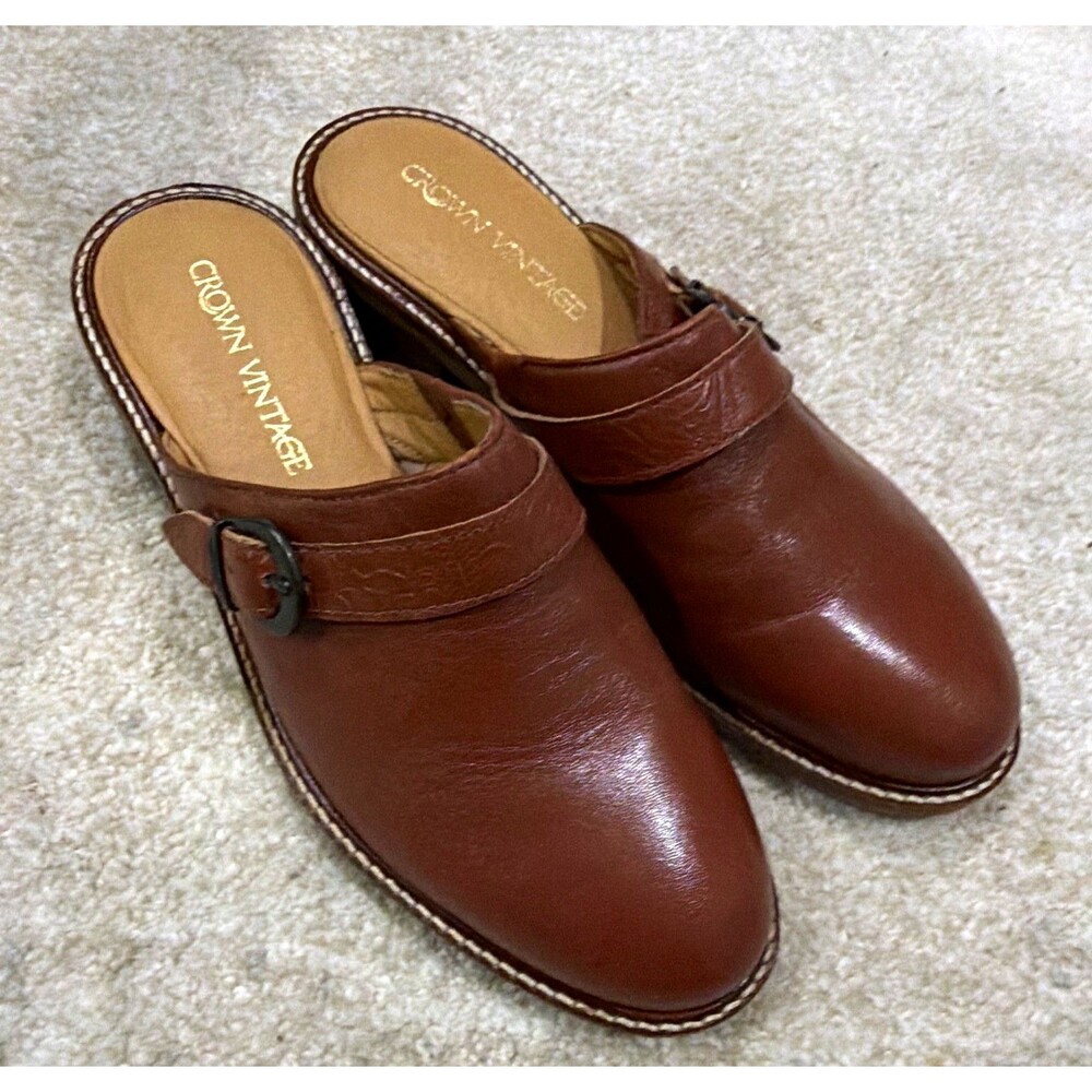 Crown Vintage Women's Brown Faux Leather Slip-On Mule Flats Buckle 8.5